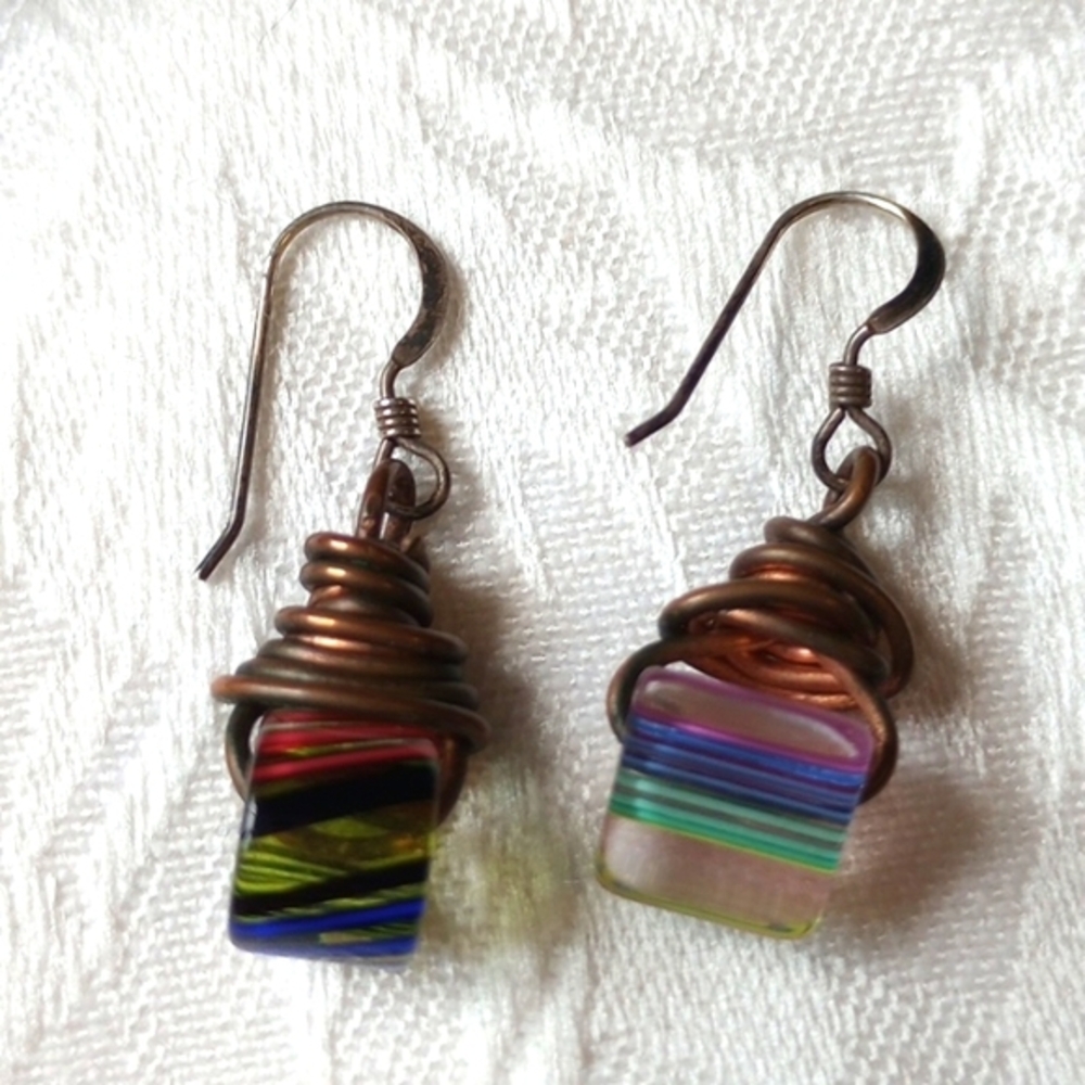 Handmade Copper Wire Rainbow Ribbon Glass Bead Mismatch Dangle 1.25 Earrings